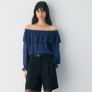NWT Aritzia Bianca Top Off-the-Shoulder Ruffle Blouse — Byron Blue
